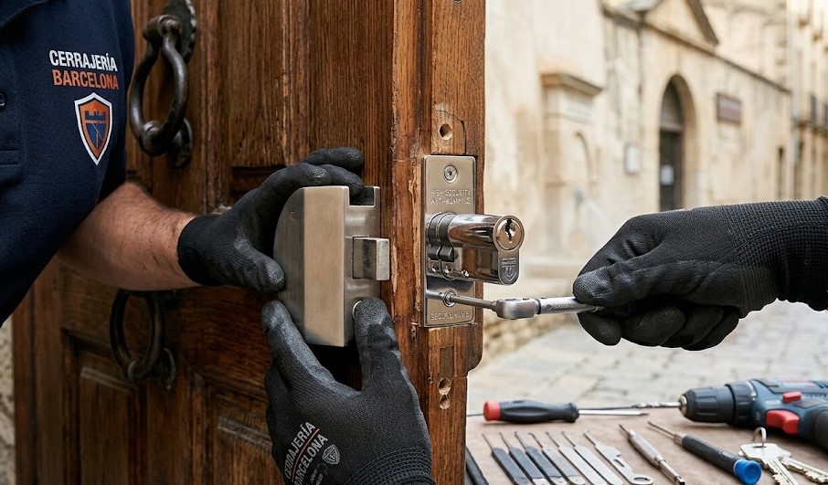 Técnico instalando cerradura anti-bumping en la puerta de una vivienda en Caldes de Montbui